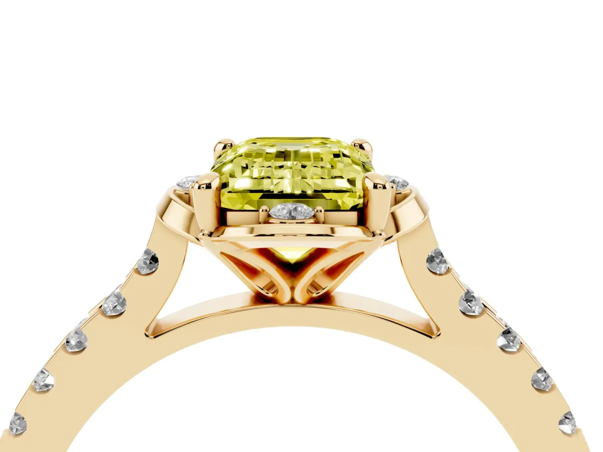 Fancy Yellow Emerald Cut Diamond Ring with Pavé Band and Floral Prong Setting Yellow gold