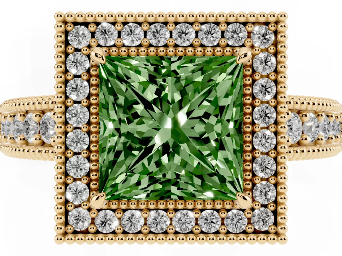 Fancy Green Princess Cut Cut Halo Diamond Ring with Pavé Band and Four-Prong Setting Yellow gold