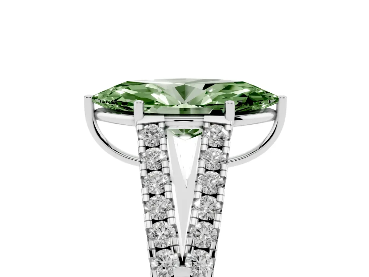Fancy Green Marquise Cut Diamond Split Shank Pavé Engagement Ring with Four-Prong Setting Platinum