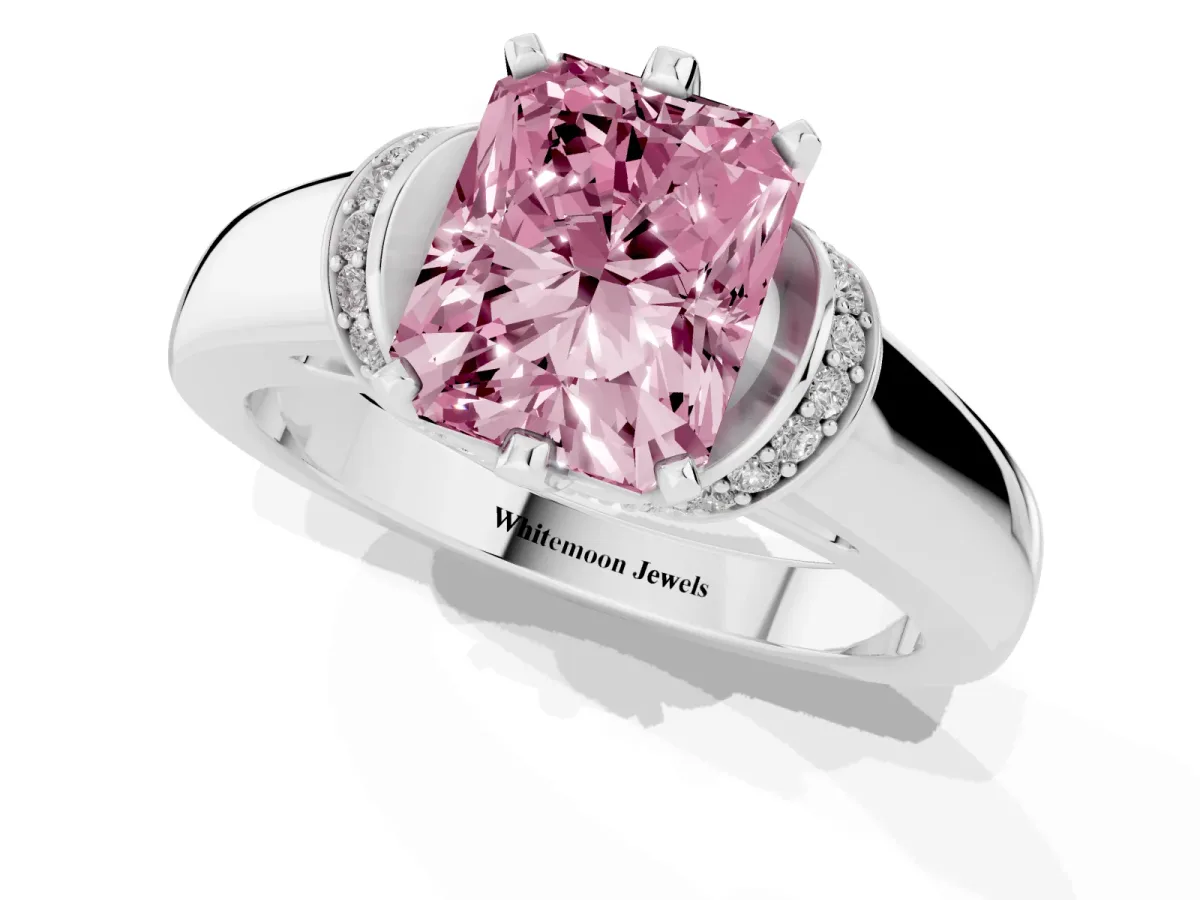 Fancy Pink Radiant Cut Solitaire Diamond Ring with Pave Band and Six-Prong Setting White gold