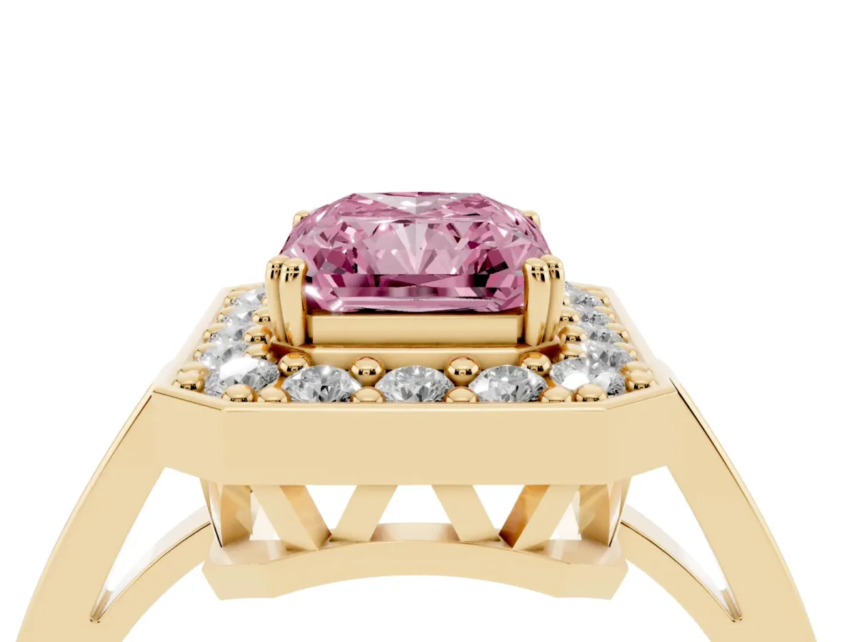 Fancy Pink Radiant Cut Diamond Halo Ring with Split Shank and Four-Prong Setting Yellow gold