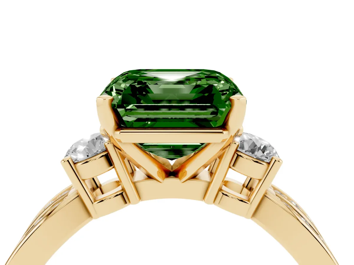 Fancy Green Three-Stone Asscher Cut Cut Diamond Twist Band with Prong Setting Yellow gold