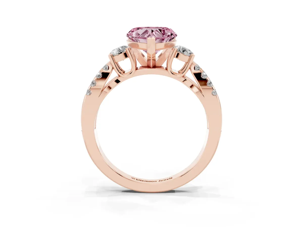 Fancy Pink Heart Cut Diamond Three-Stone Ring with Pavé Split Shank and Four-Prong Setting Rose gold