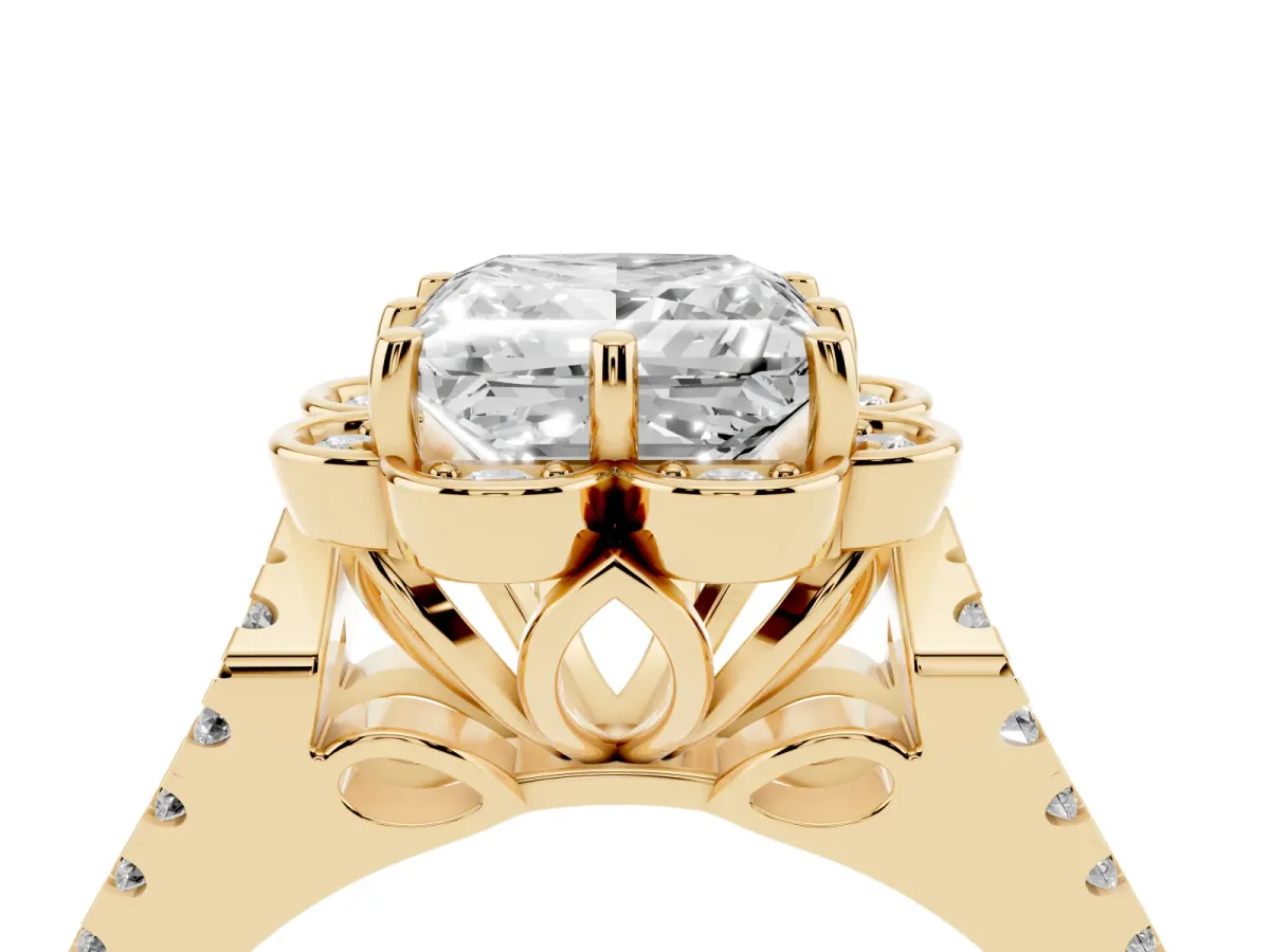 Princess Cut Halo Diamond Floral Split Shank Engagement Ring Yellow gold