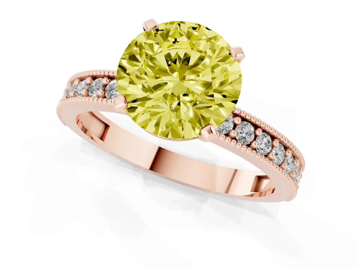 Fancy Yellow Round Cut Diamond Milgrain Pavé Engagement Ring with Four-Prong Setting Rose gold