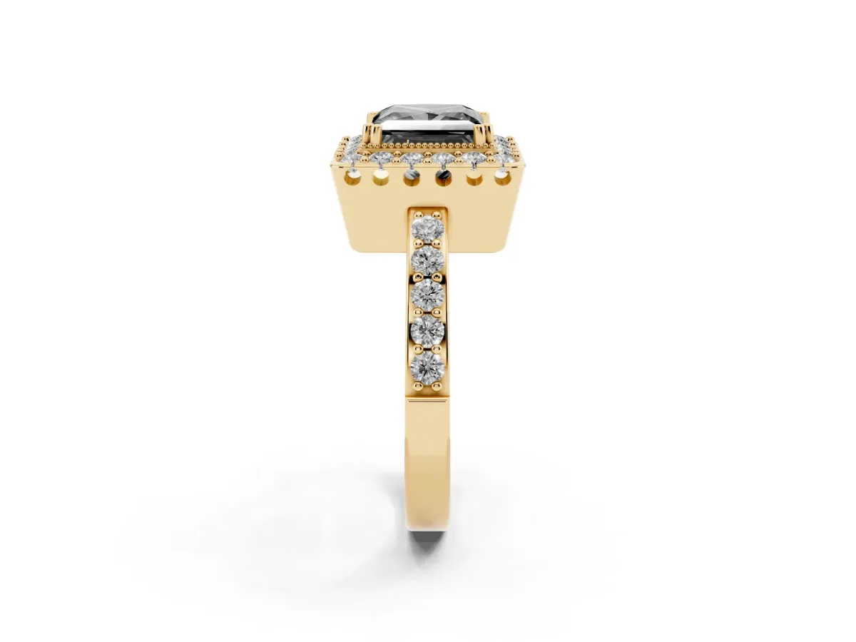 Fancy Black Princess Cut Diamond Halo Ring with Pavé Band and Prong Setting Yellow gold