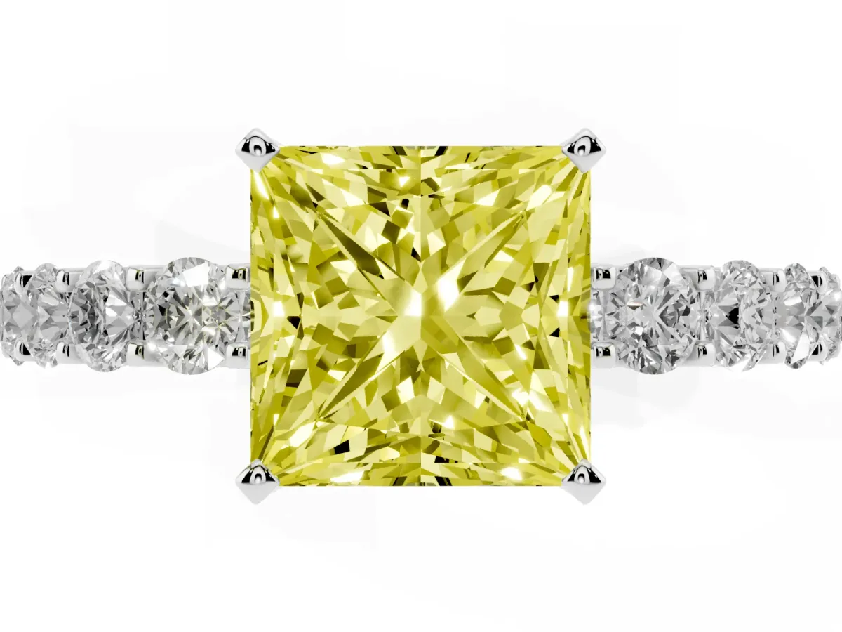 Fancy Yellow Princess Cut Diamond Solitaire Ring with Shared Prong Pavé Band and Four-Prong Setting White gold