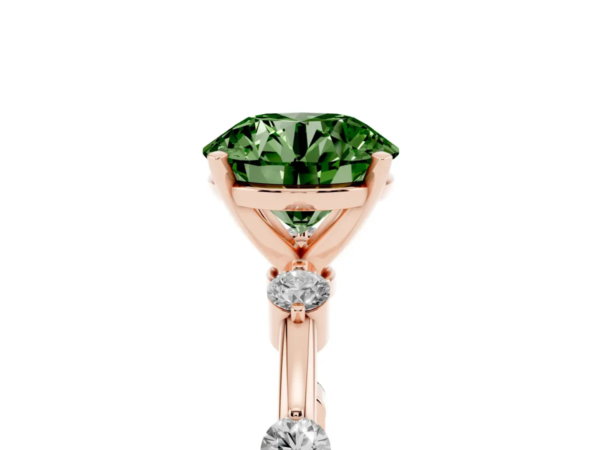 Fancy Green Round Cut Solitaire Diamond Ring with Bezel Set Side Stones and Prong Setting Rose gold
