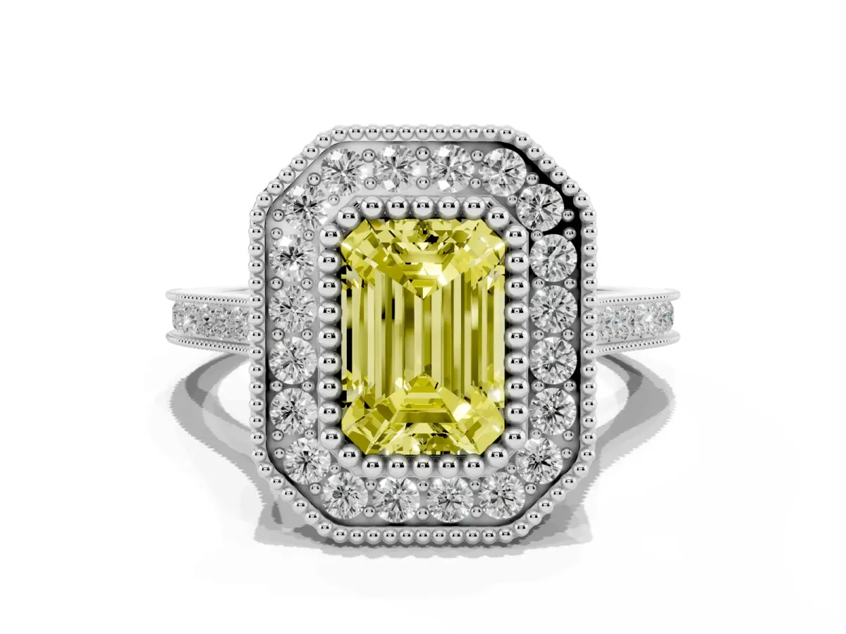 Fancy Yellow Emerald Cut Diamond Halo Ring with Milgrain Frame and Pavé Band Platinum