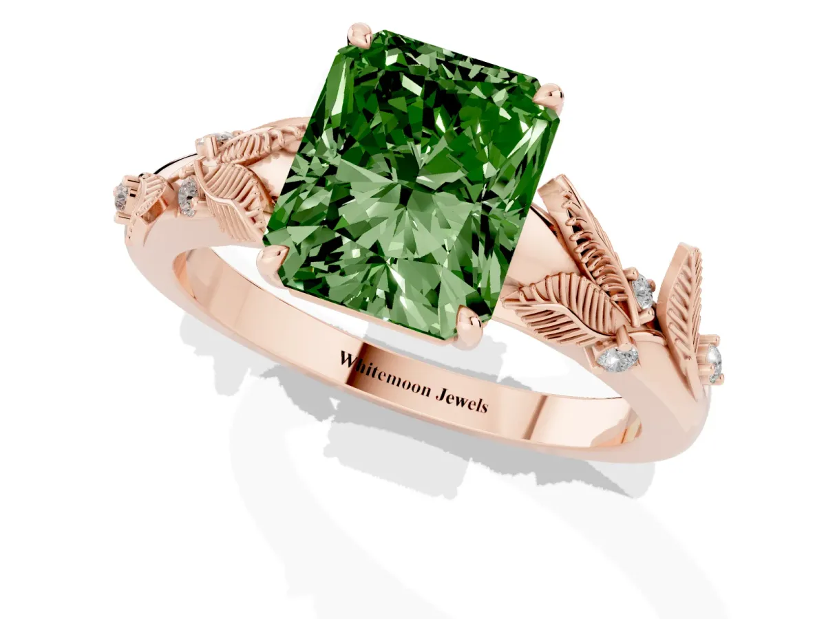 Fancy Green Radiant Cut Diamond Solitaire Ring with Leaf Motif Band and Four-Prong Setting Rose gold
