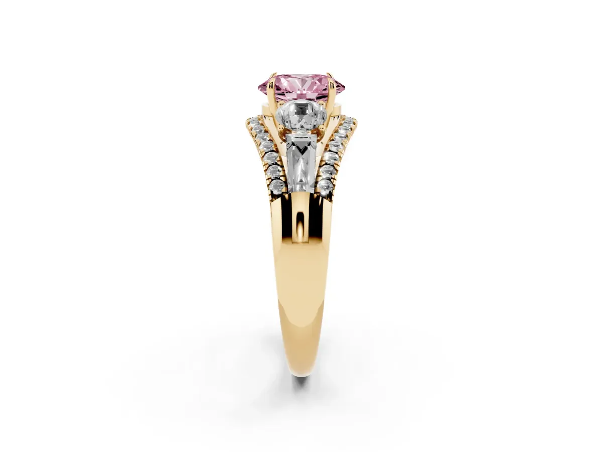 Fancy Pink Three-Stone Oval Cut Diamond Engagement Ring with Pave Band and Prong Setting Yellow gold