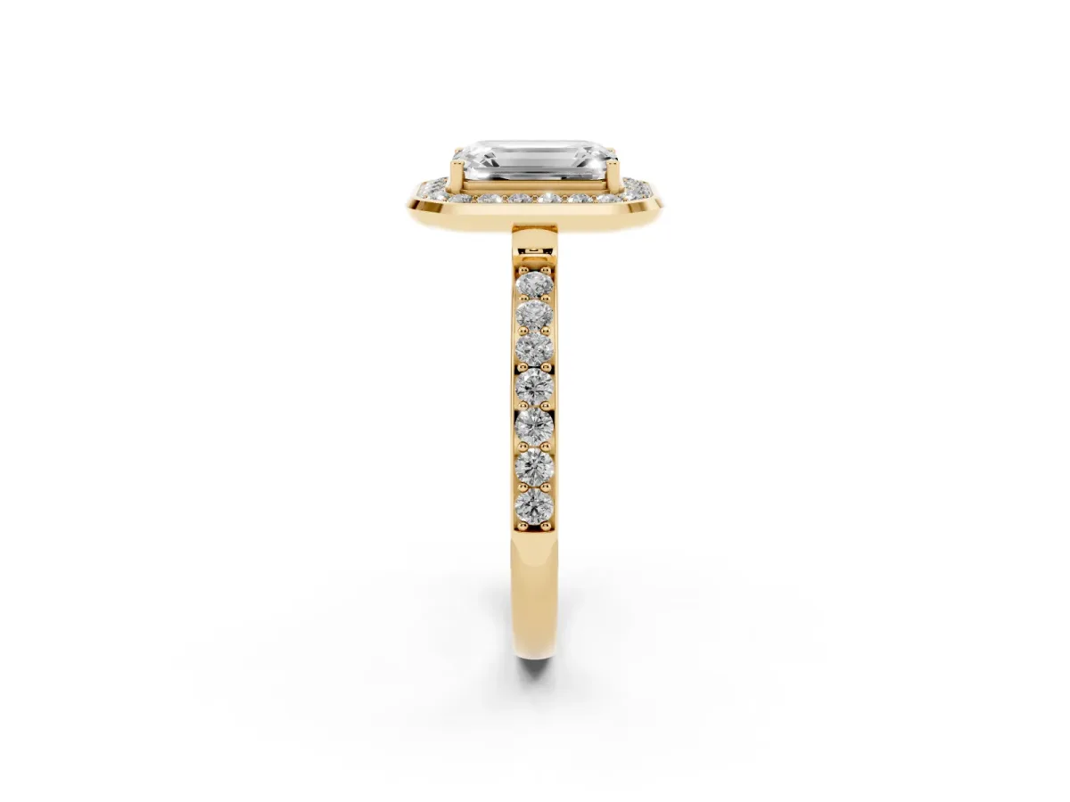 Emerald Cut Diamond Halo Ring with Bezel Frame and Pavé Band Yellow gold