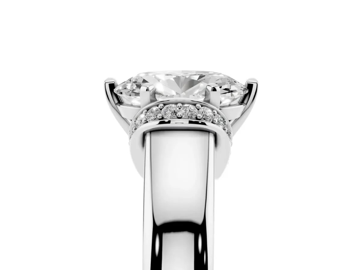 Oval Cut Solitaire Diamond Ring with Pave Band and Six-Prong Setting Silver