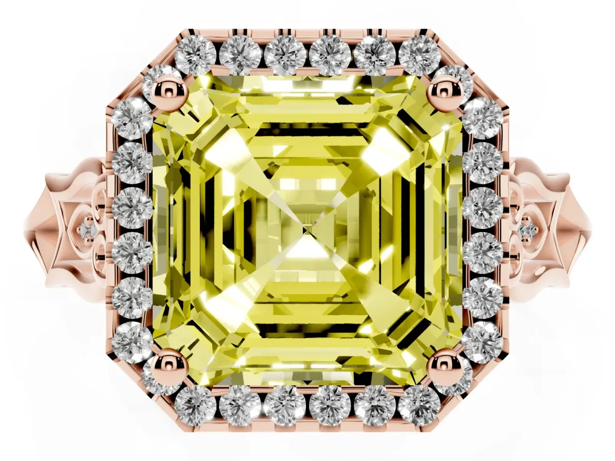 Fancy Yellow Asscher Cut Halo Diamond Engagement Ring with Filigree Band and Four-Prong Setting Rose gold