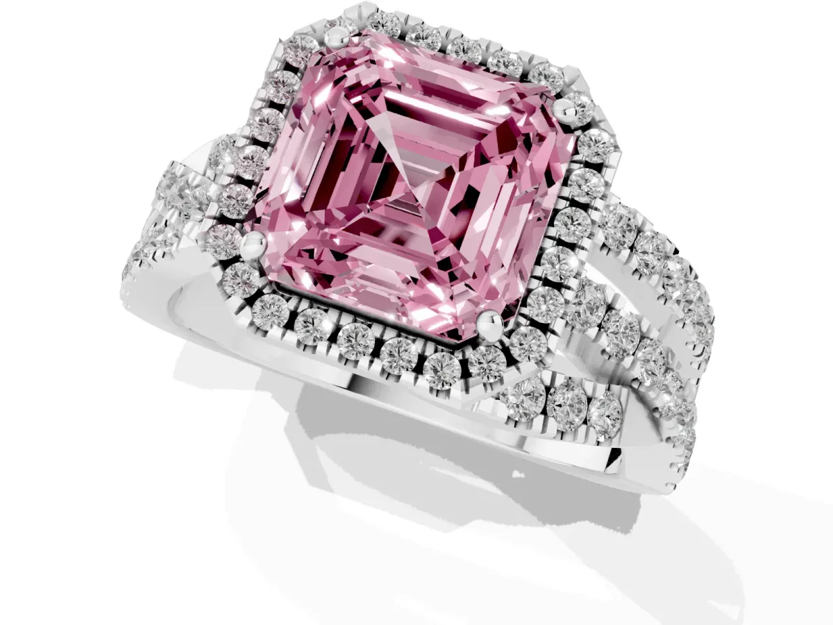 Fancy Pink Asscher Cut Diamond Halo Ring with Round Split Shank and Prong Setting Silver