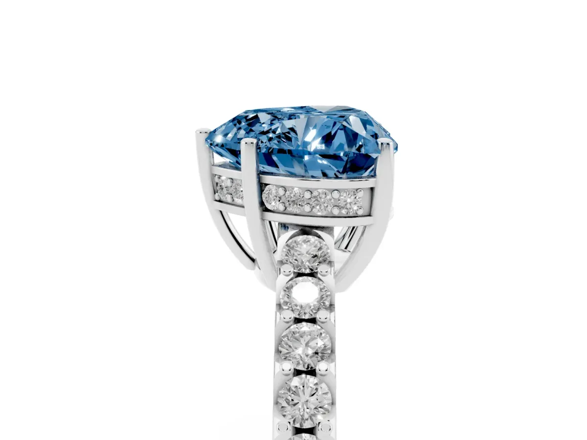 Fancy Blue Heart Cut Solitaire Diamond Engagement Ring with Pavé Band and Six-Prong Setting Silver