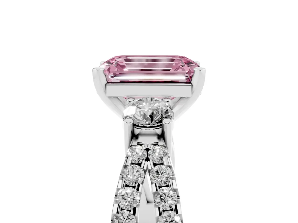Fancy Pink Emerald Cut Diamond Three-Stone Ring with Pavé Split Shank and Four-Prong Setting Silver