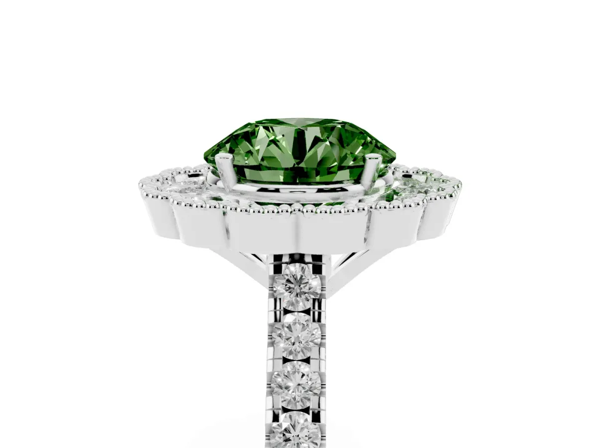 Fancy Green Round Cut Cut Diamond Milgrain Floral Halo Engagement Ring with Pavé Band White gold