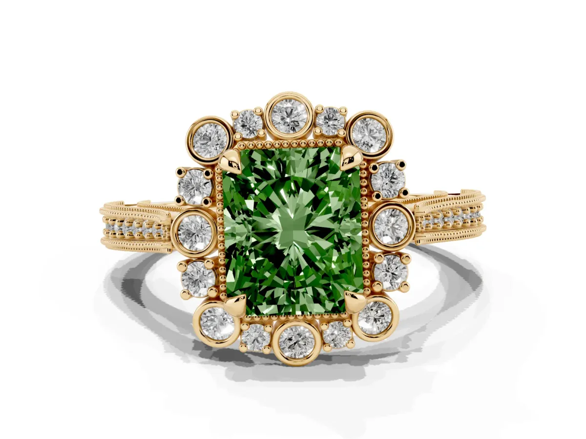 Fancy Green Radiant Cut Halo Milgrain Pave Diamond Ring with Four-Prong Setting Yellow gold