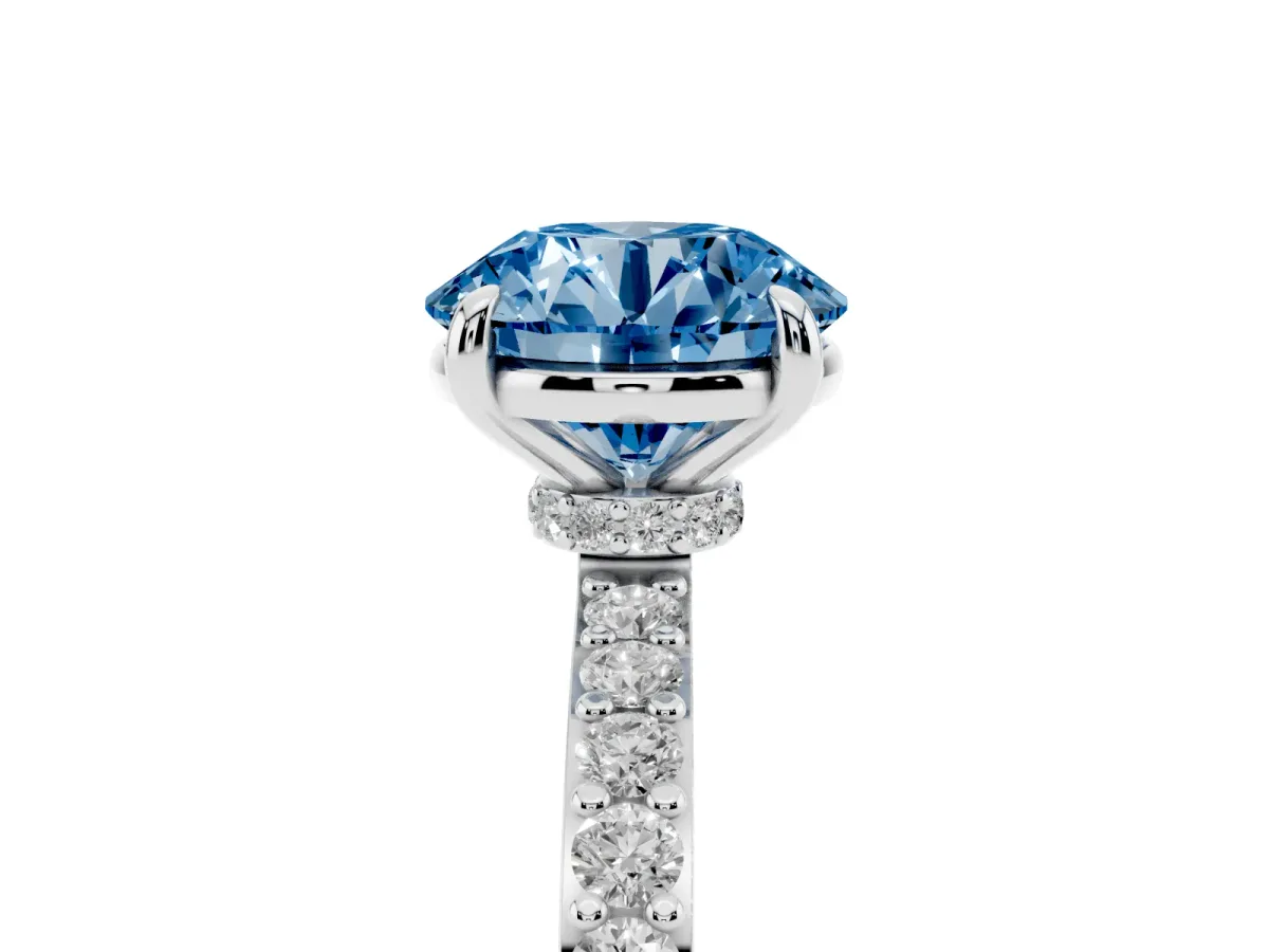 Fancy Blue Round Cut Diamond Pavé Engagement Ring with Round Accents and Prong Setting Silver