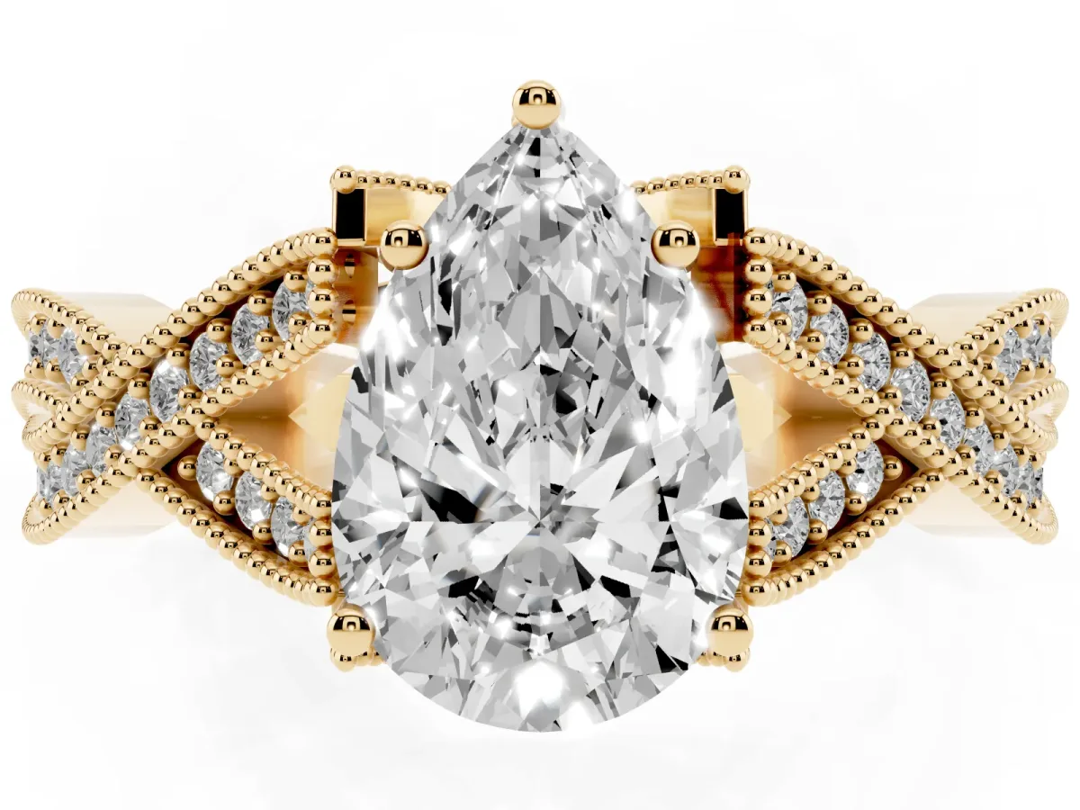 Pear Cut Cut Diamond Twisted Band with Milgrain Pave Setting and Four-Prong Setting Yellow gold