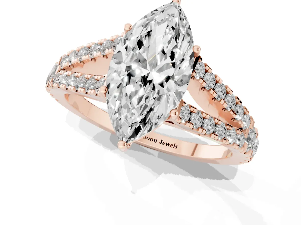 Marquise Cut Diamond Split Shank Engagement Ring with Round Pavé and Prong Setting Rose gold