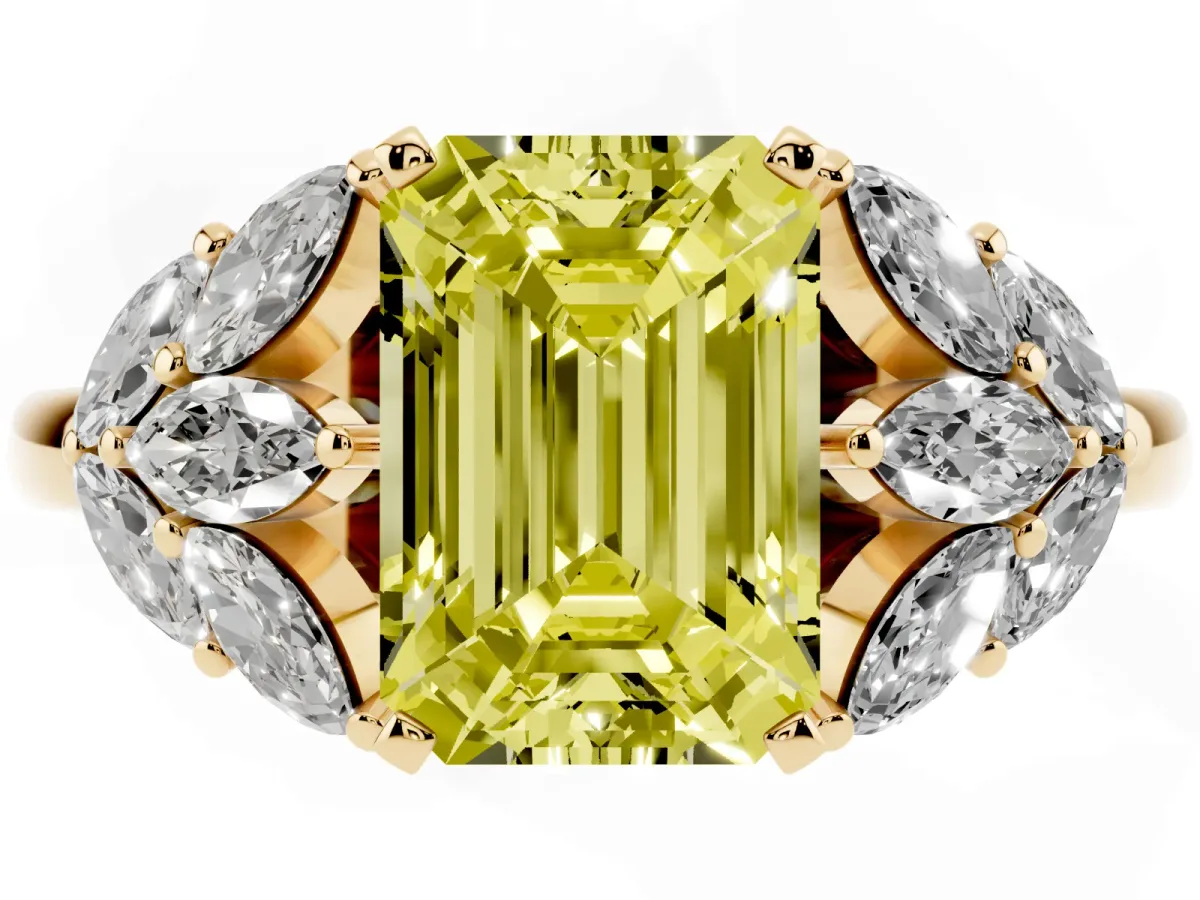 Fancy Yellow Emerald Cut Diamond Cluster Leaf Design Ring with Prong Setting Yellow gold