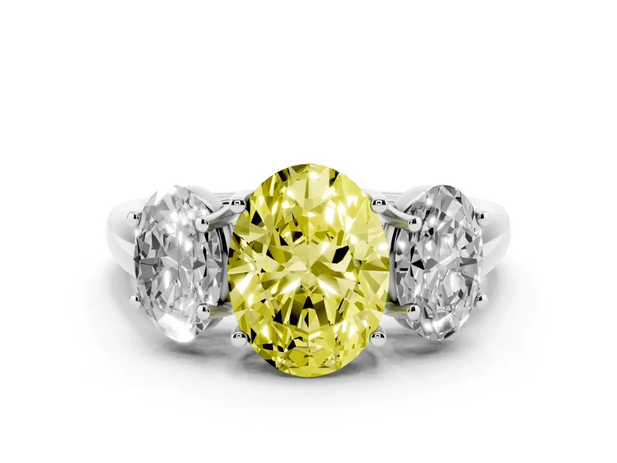 Fancy Yellow Three-Stone Oval Cut Diamond Engagement Ring with Prong Setting Platinum