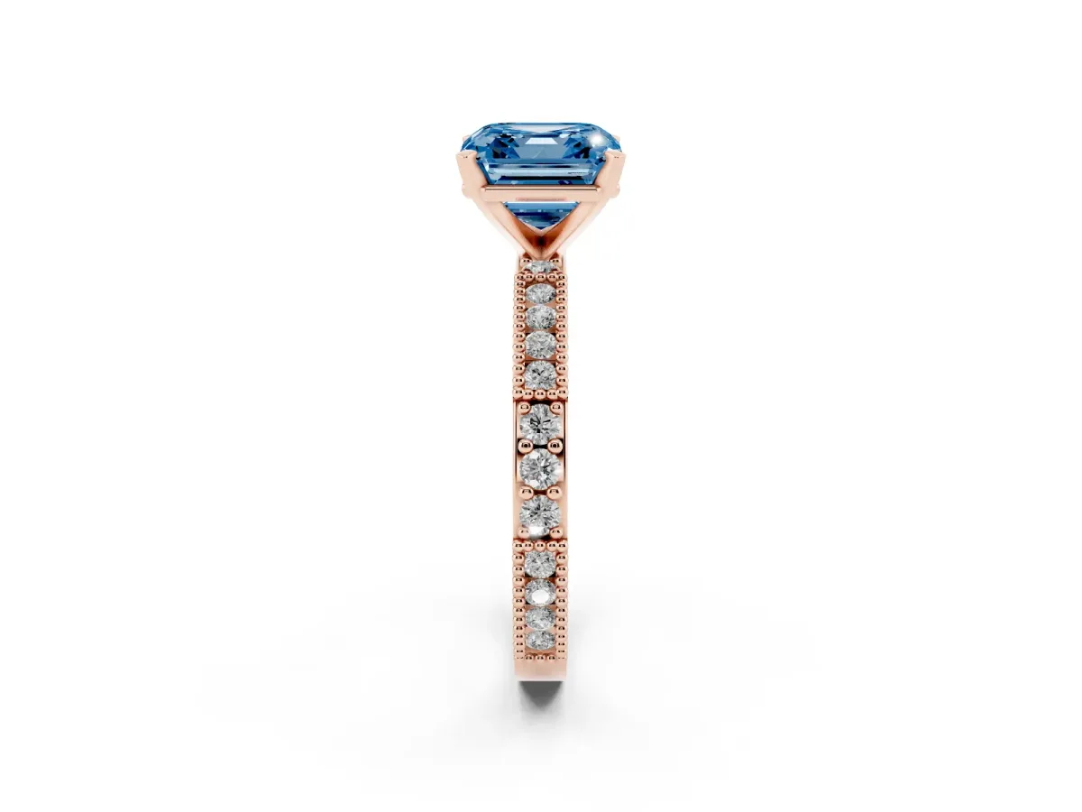 Fancy Blue Asscher Cut Solitaire with Pavé Band and Four-Prong Setting Rose gold
