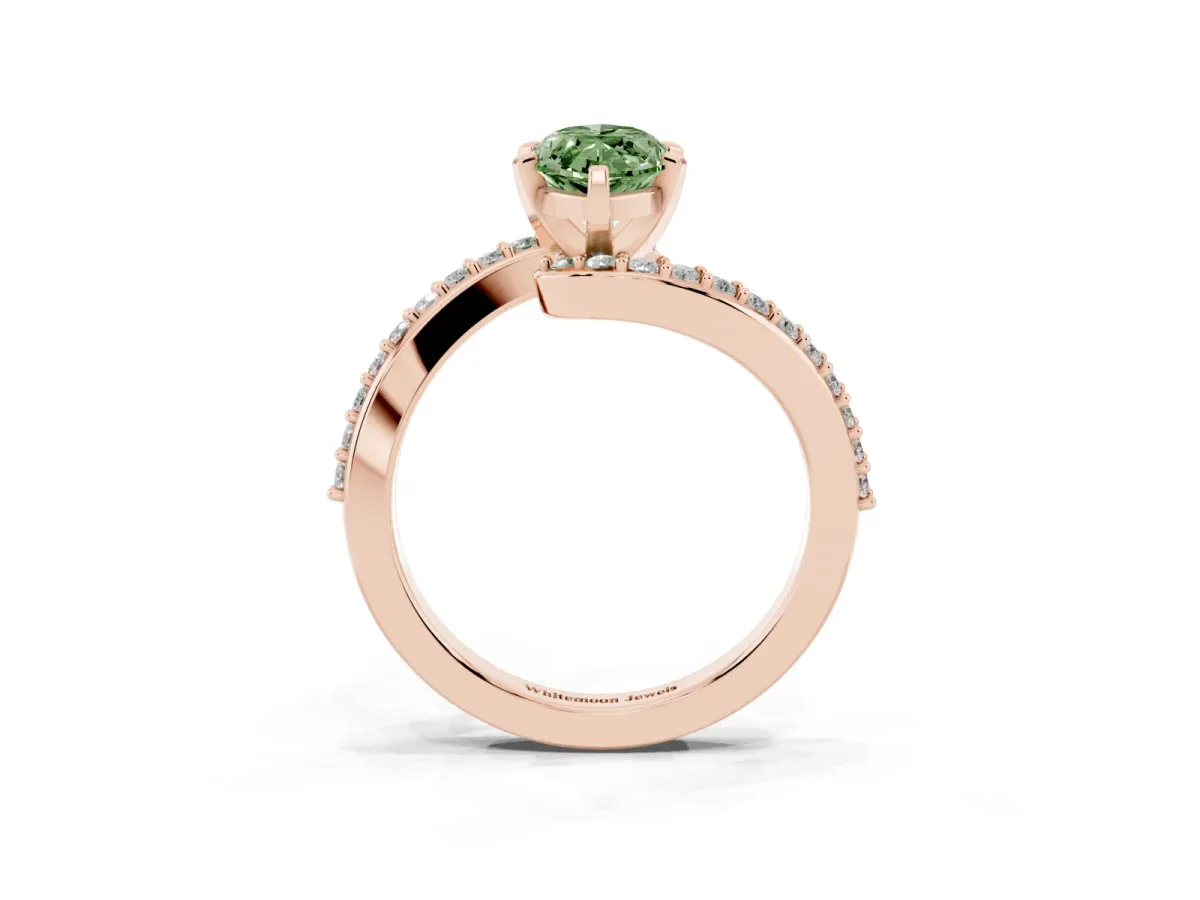 Fancy Green Marquise Cut Solitaire Twist Band with Pave Set Diamonds and Four-Prong Setting Rose gold