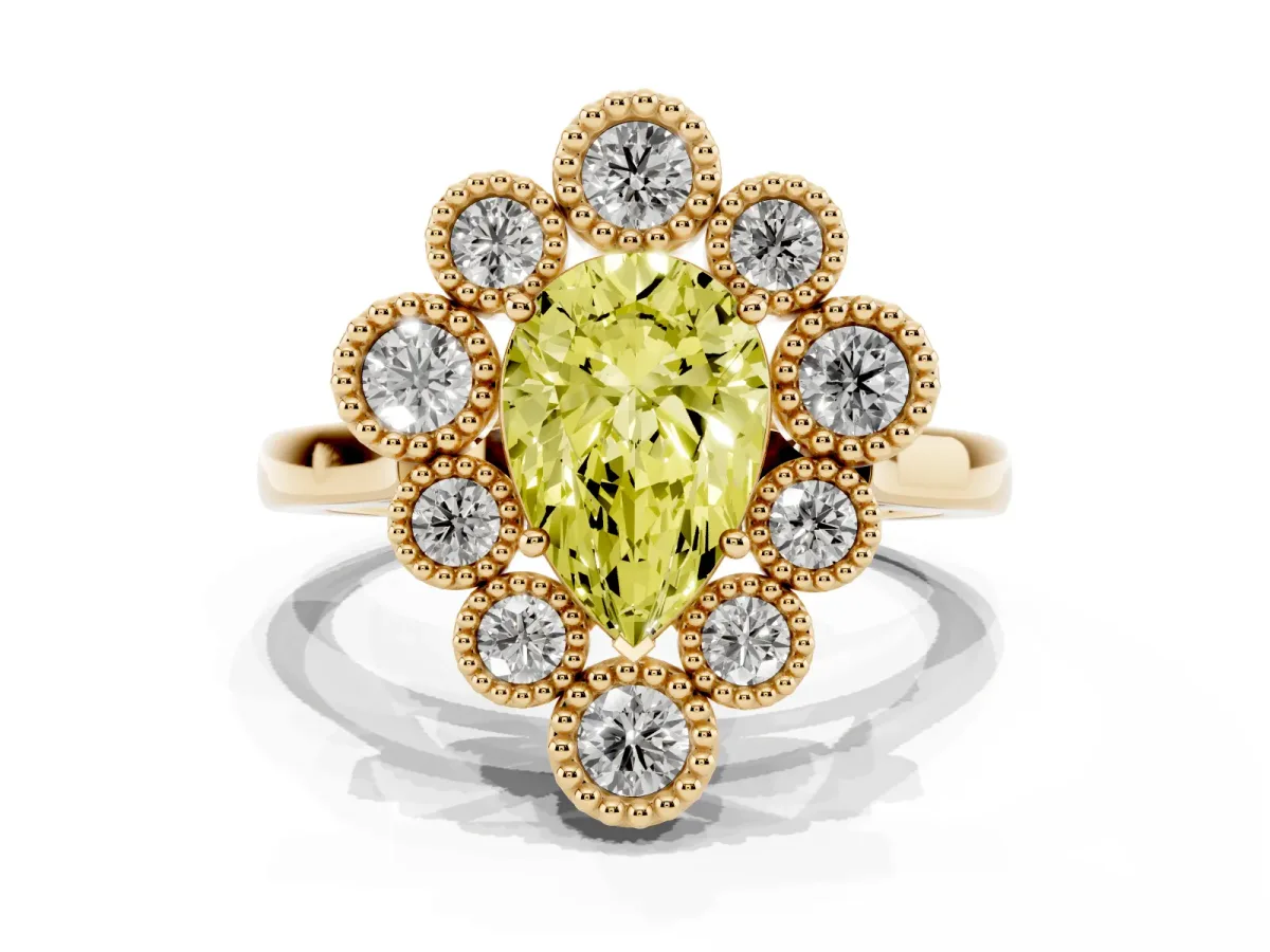 Fancy Yellow Pear Cut Halo Diamond Cluster Engagement Ring with Milgrain Bezel Setting and Solitaire Band Yellow gold
