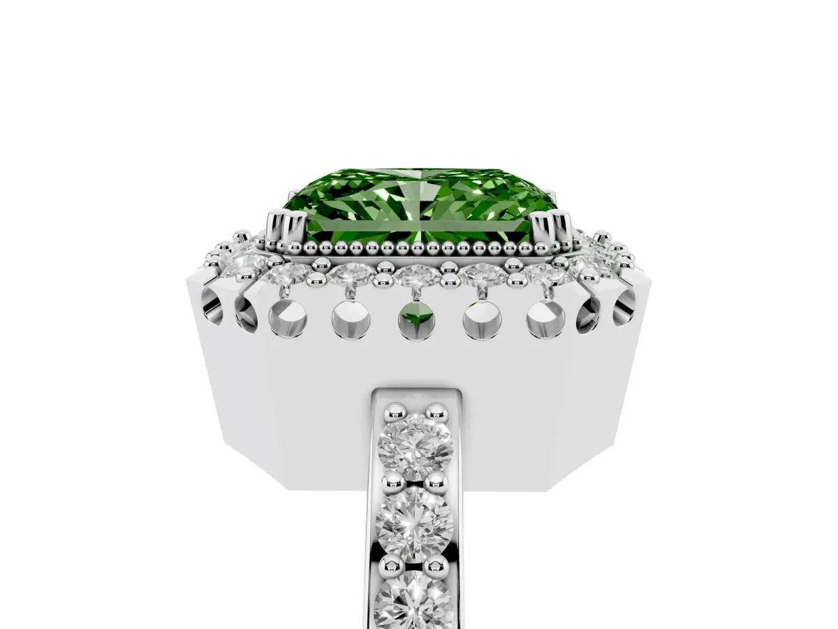 Fancy Green Radiant Cut Diamond Halo Ring with Pavé Band and Prong Setting Platinum
