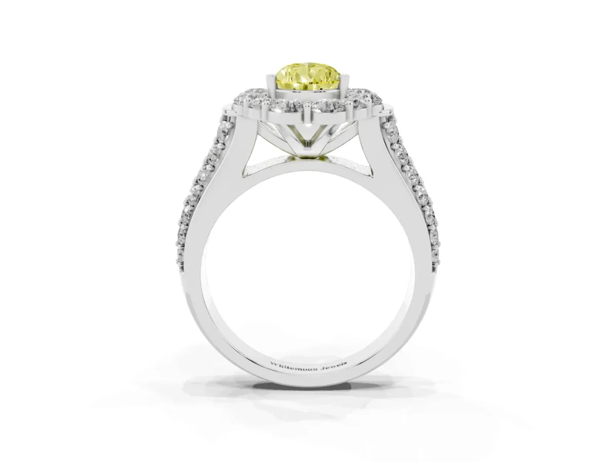 Fancy Yellow Pear Cut Halo Diamond Engagement Ring with Split Shank and Prong Setting Silver