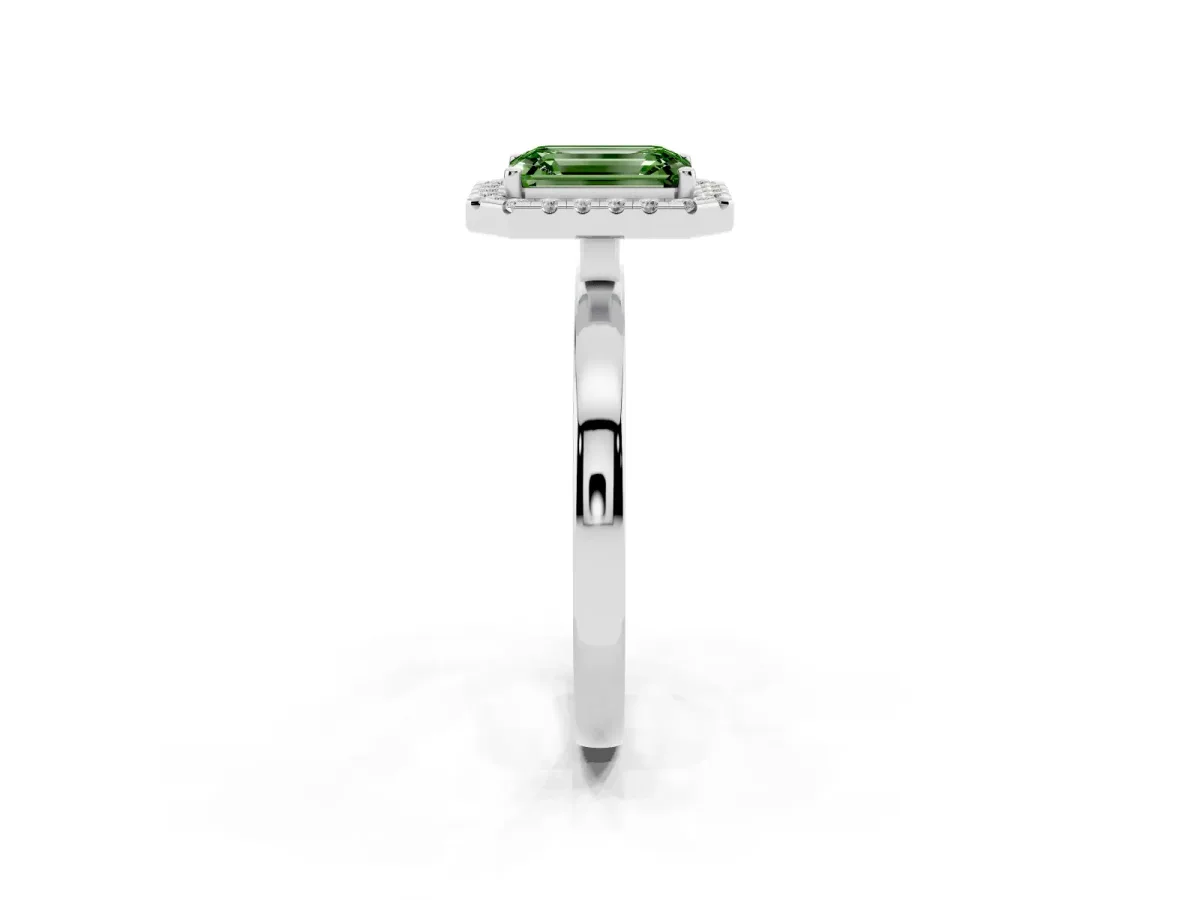Fancy Green Emerald Cut Halo Diamond Solitaire with Pavé Band and Four-Prong Setting Platinum