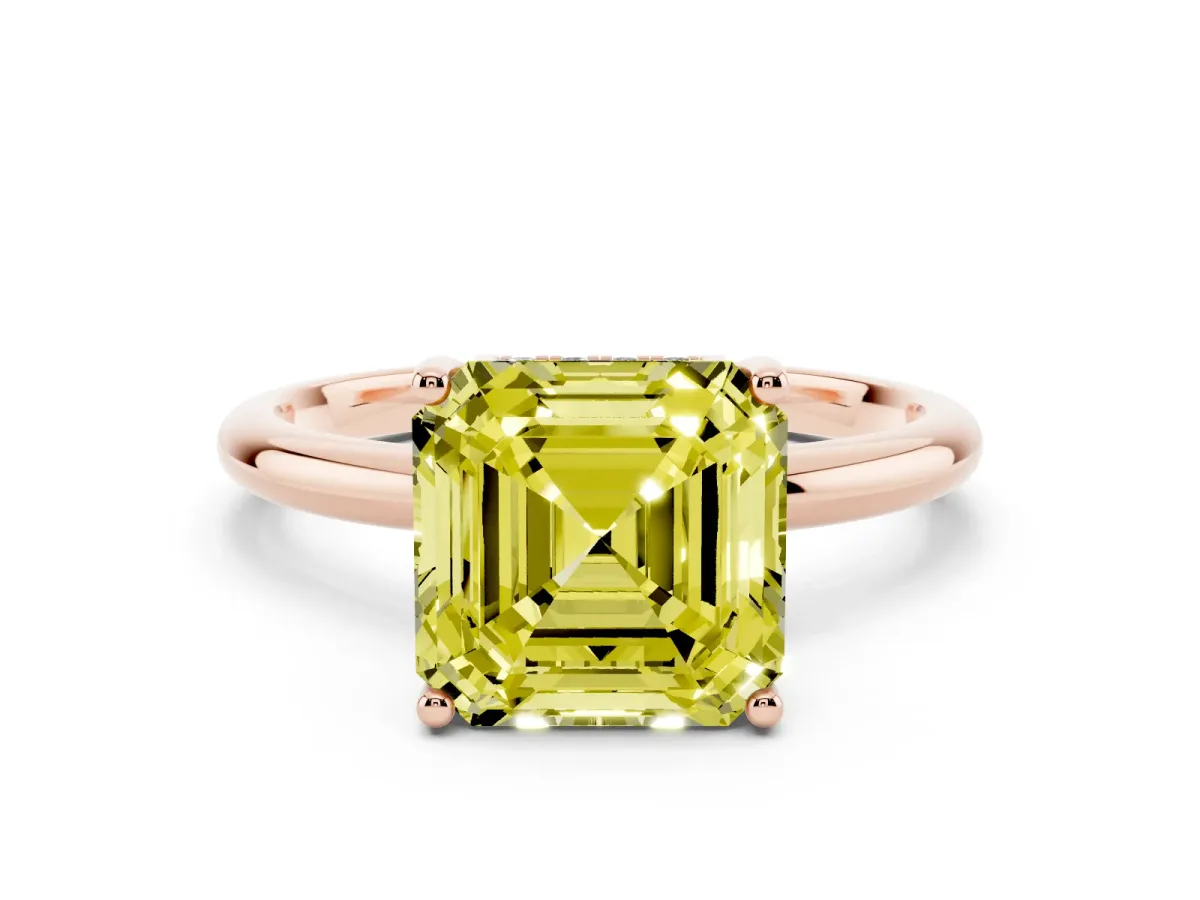 Fancy Yellow Asscher Cut Cut Solitaire Engagement Ring with Four-Prong Setting and Classic Band Rose gold