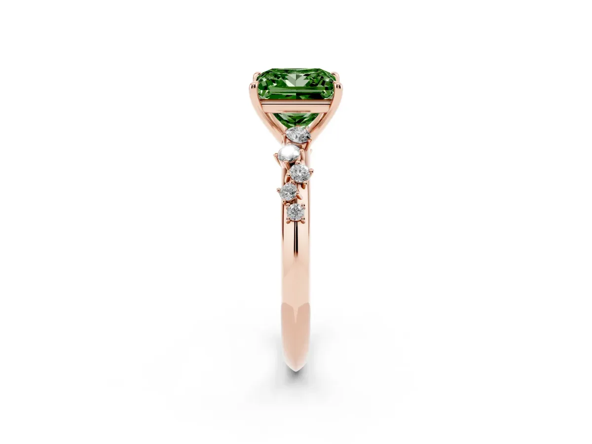 Fancy Green Princess Cut Diamond Cluster Side Stone Solitaire Ring with Prong Setting Rose gold