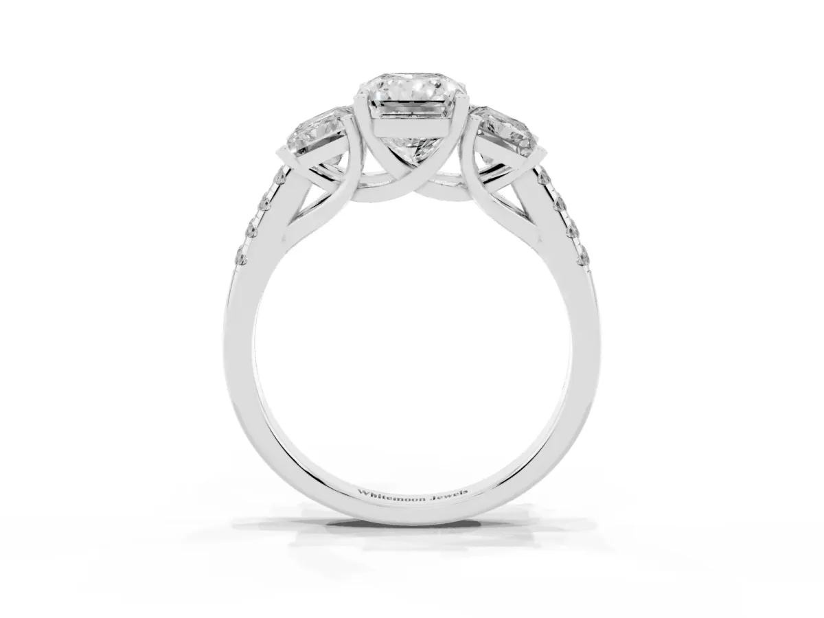 Three-Stone Radiant Cut Diamond Ring with Round Pavé Band and Prong Setting Silver
