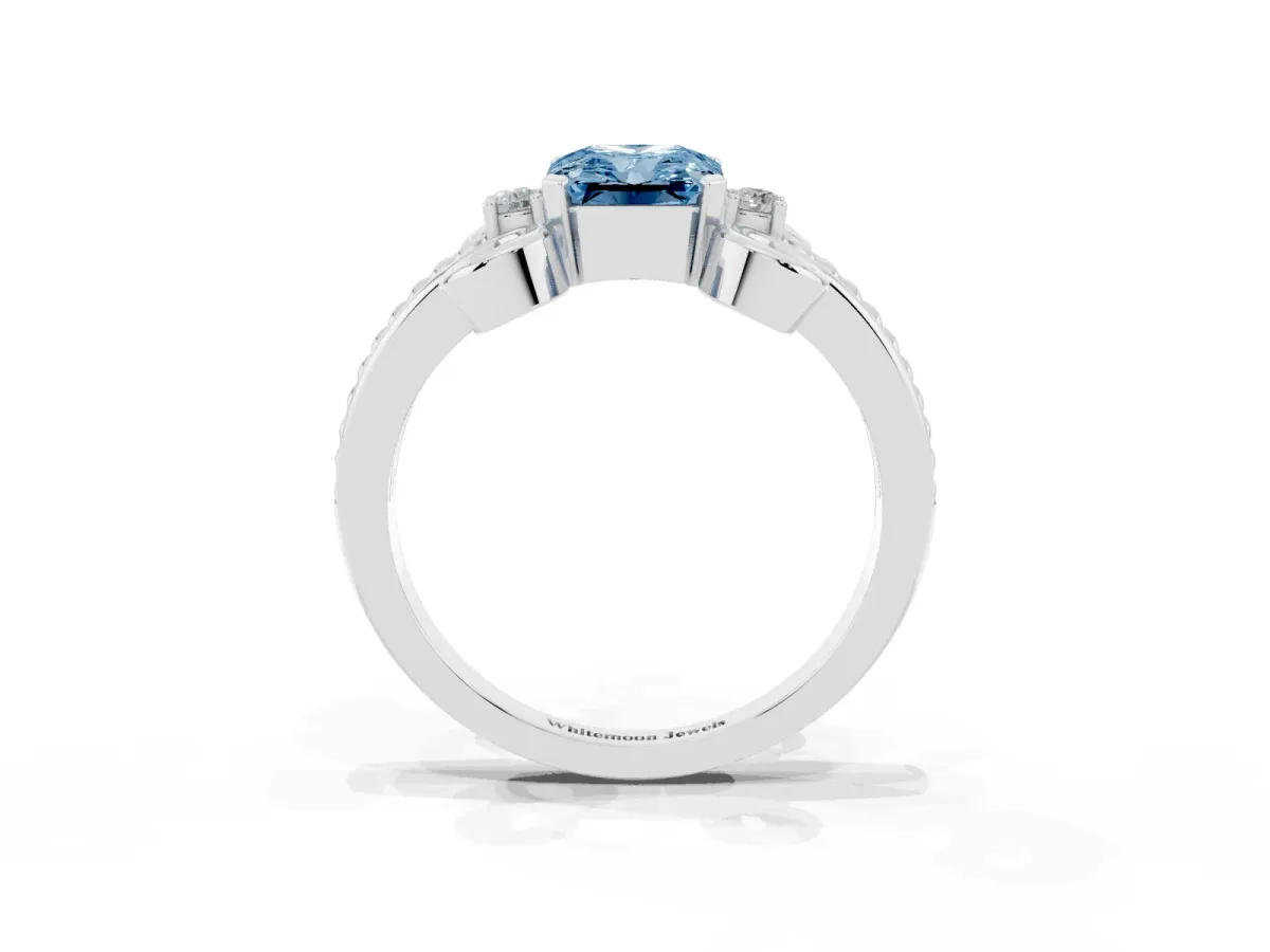 Fancy Blue Radiant Cut Solitaire Twisted Band Scroll Prong Ring Platinum