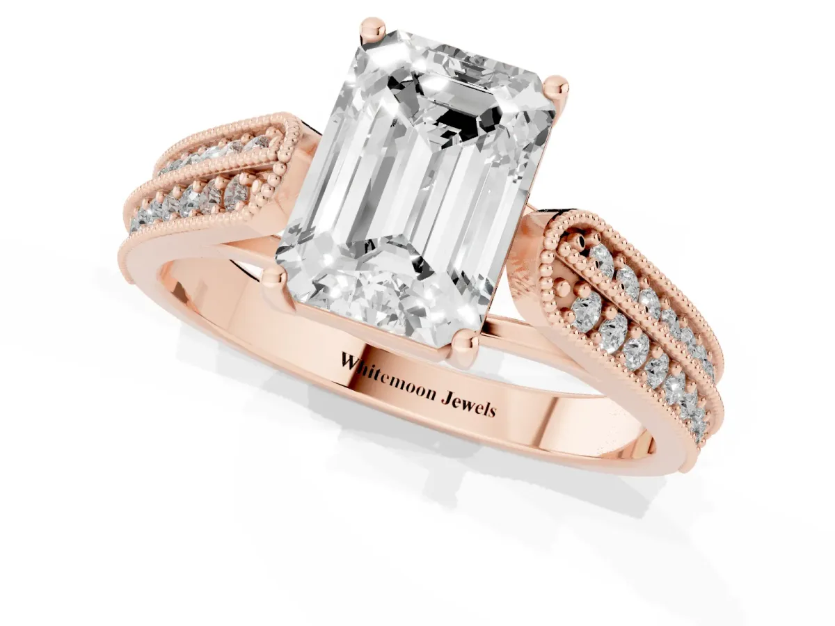 Emerald Cut Cut Pave Split Shank Engagement Ring with Four-Prong Setting Rose gold
