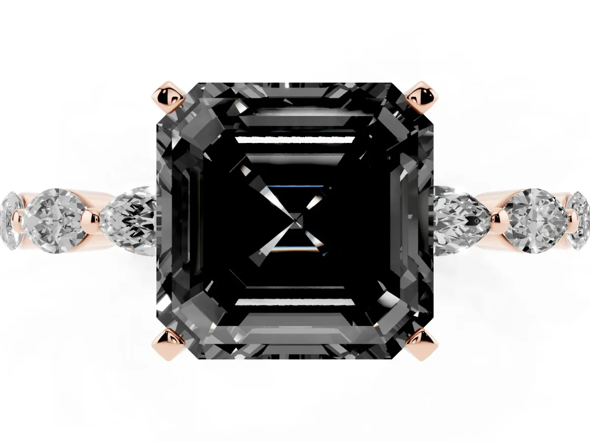 Fancy Black Asscher Cut Diamond Ring with Marquise Side Stones and Prong Setting Rose gold