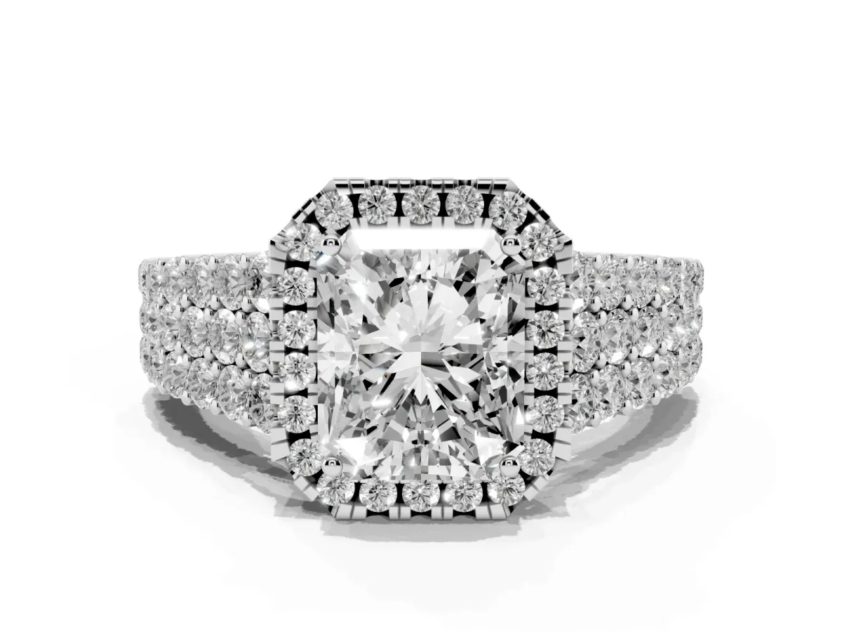 Radiant Cut Diamond Halo Engagement Ring with Triple Row Round Pavé Band and Prong Setting Platinum