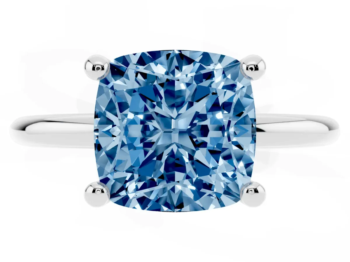 Fancy Blue Cushion Cut Solitaire Diamond Ring with 4-Prong Setting on a Classic Band Silver