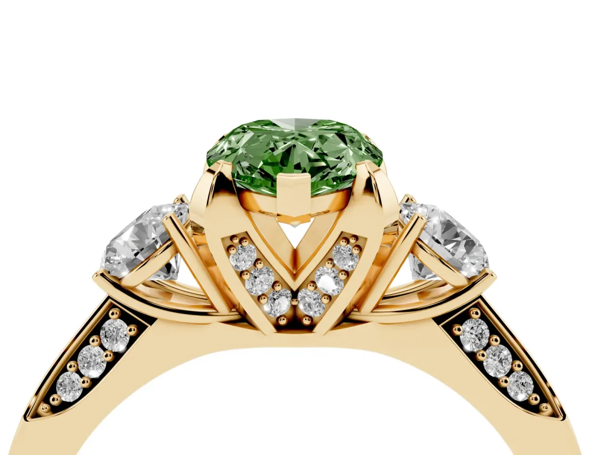 Fancy Green Pear Cut Brilliant Three-Stone Diamond Ring with Pavé Band and Four-Prong Setting Yellow gold