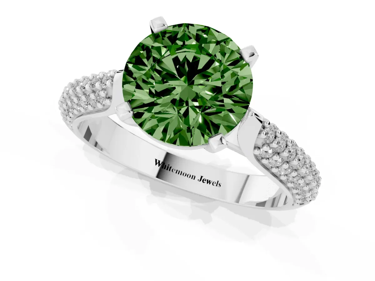 Fancy Green Round Cut Diamond Solitaire Engagement Ring with Multi-Row Round Pavé Band and Prong Setting White gold