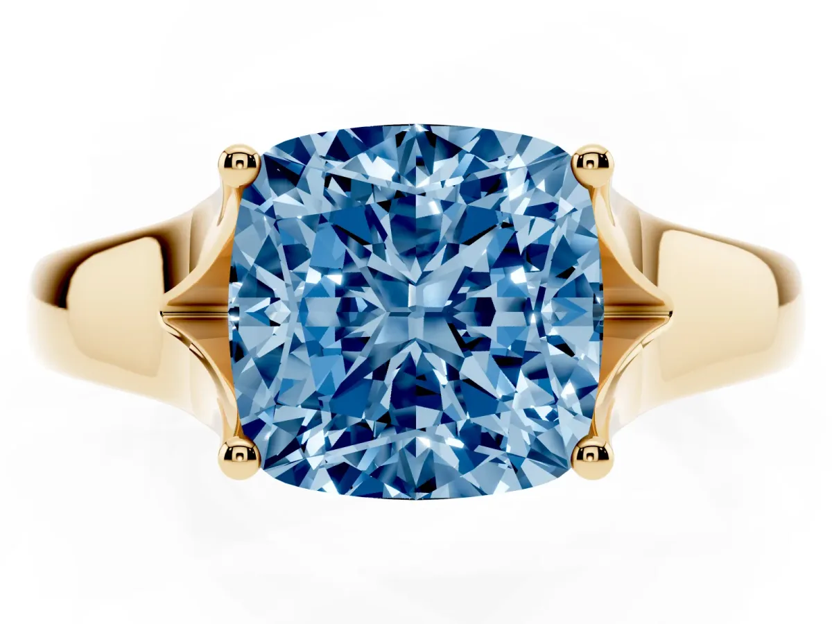 Fancy Blue Cushion Cut Solitaire Diamond Ring with Cathedral Band and Four-Prong Setting Yellow gold