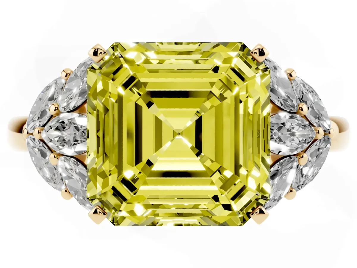 Fancy Yellow Asscher Cut Diamond Cluster Leaf Design Ring with Prong Setting Yellow gold