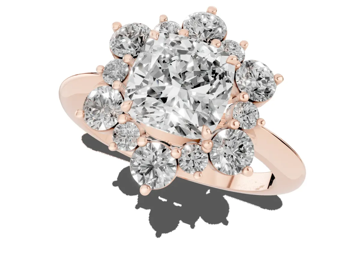 Cushion Cut Diamond Cluster Halo Ring with Solitaire Band and Four-Prong Setting Rose gold
