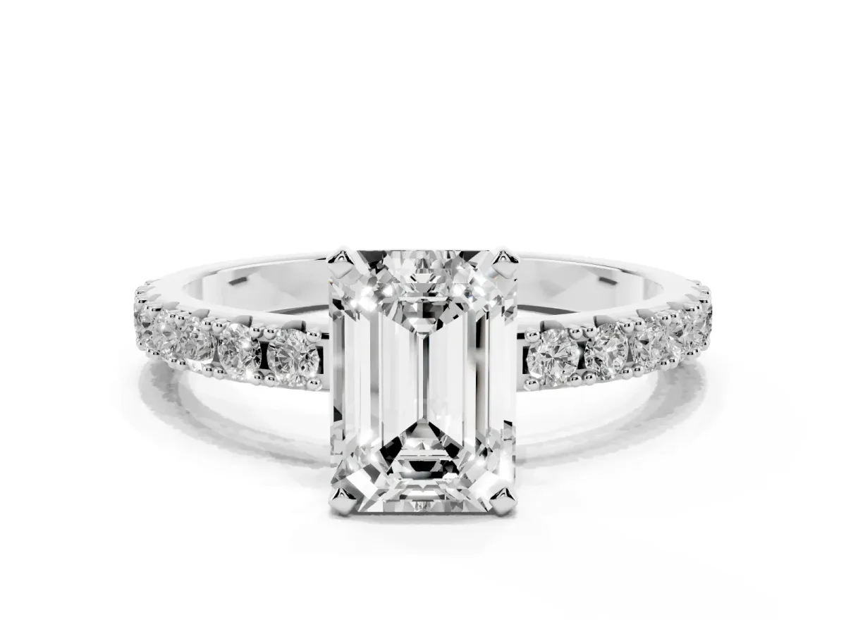 Emerald Cut Diamond Solitaire Pavé Band with Four-Prong Setting Platinum