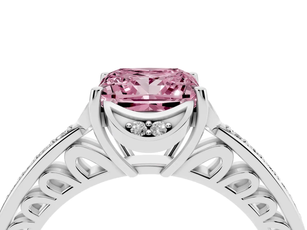 Fancy Pink Princess Cut Cut Halo Diamond Ring with Channel Set Band and Four-Prong Setting Platinum