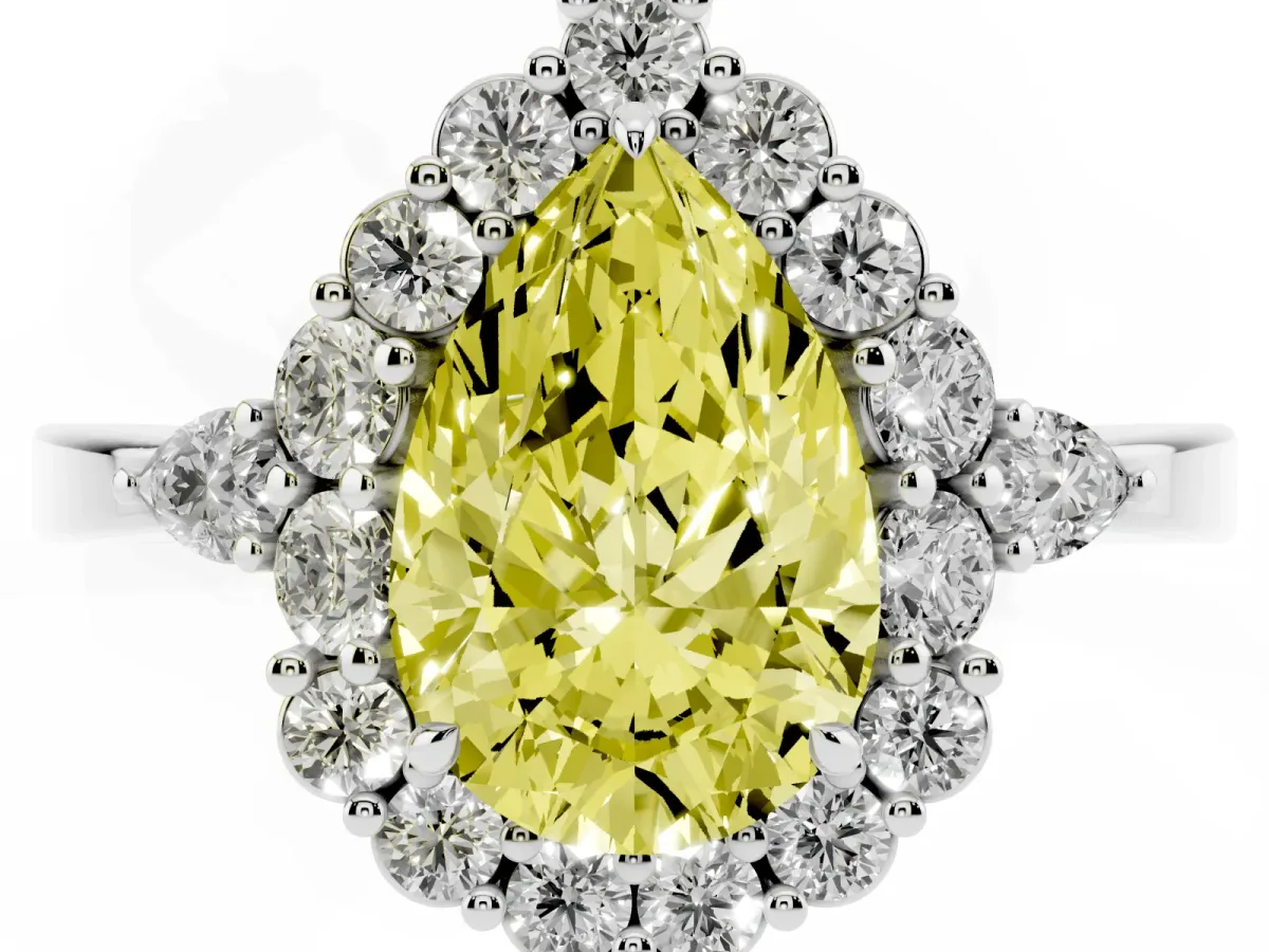 Fancy Yellow Pear Cut Diamond Halo Ring with Pear Side Stones and Prong Setting Silver